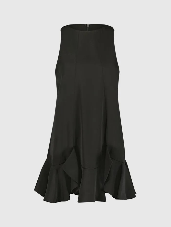 The Mia High Neck Sleeveless Crepe Mini Dress With Ruffle Hem Black Women Every Day Dresses Mac Duggal