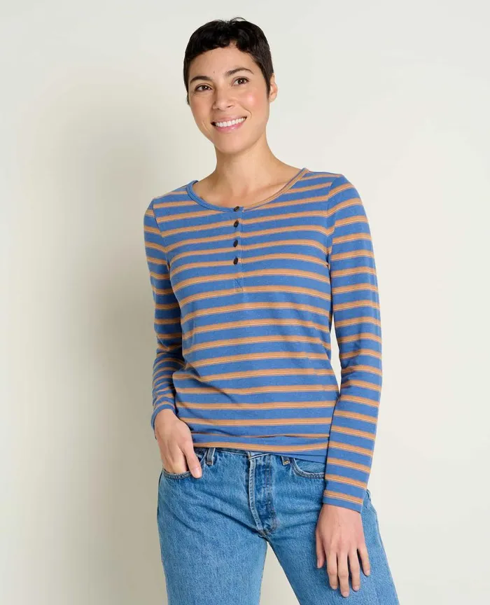 ToadandCo Tops and TShirts Piru Long Sleeve Henley Cornflower Uneven Stripe 8211 Women039s