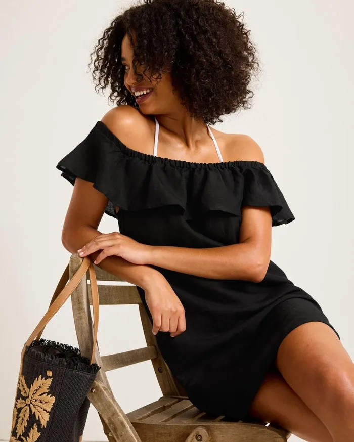 Tommy Bahama Dresses St Lucia LinenBlend OfftheShoulder Coverup Dress Black 8211 Women