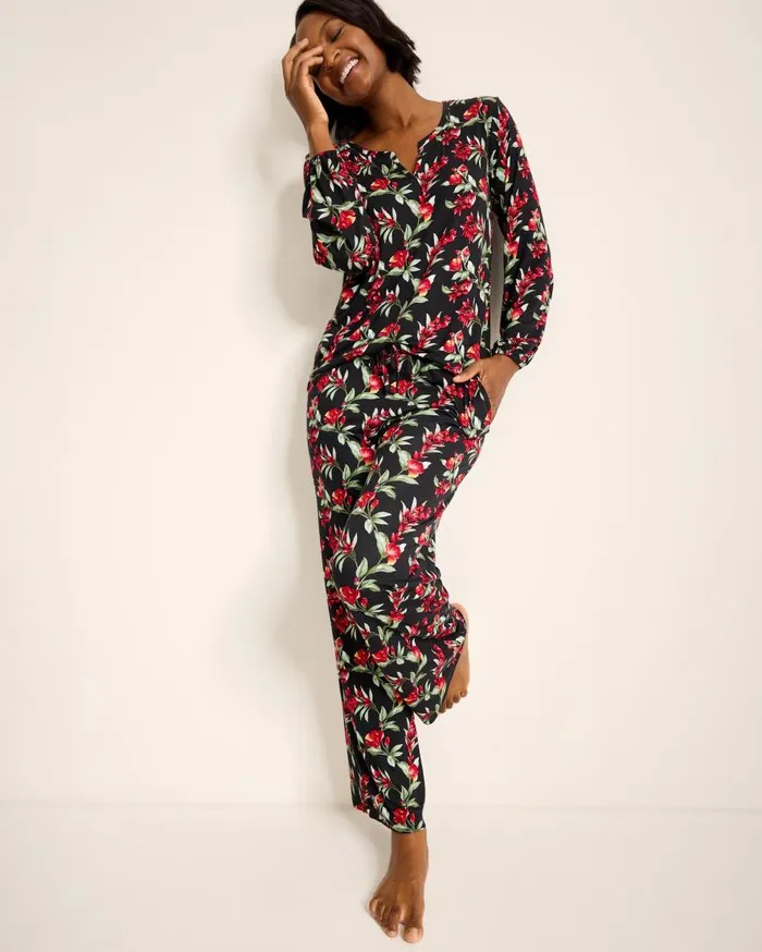Tommy Bahama Sleepwear Jersey SplitNeck Long Sleeve and Pants Pajama Set Black Cherry 8211 Women