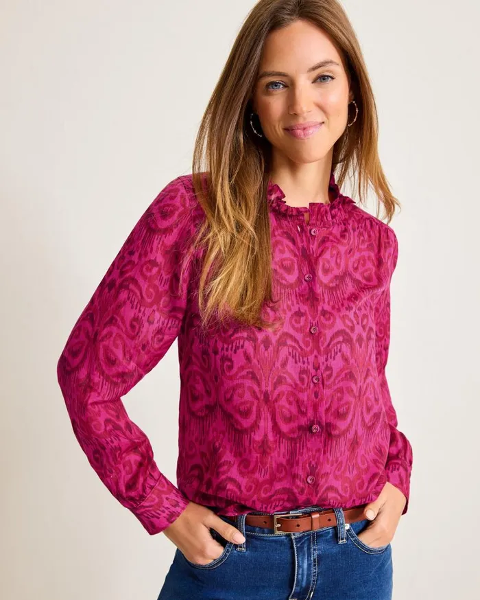 Tommy Bahama Tops and Shirts Seaside Ikat LongSleeve RuffleNeck Top Pink Papaya 8211 Women