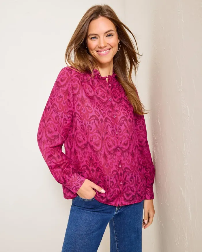 Tommy Bahama Tops and Shirts Seaside Ikat LongSleeve RuffleNeck Top Pink Papaya 8211 Women Tommy Bahama Tops and Shirts Seaside Ikat LongSleeve RuffleNeck Top Pink Papaya 8211 Women