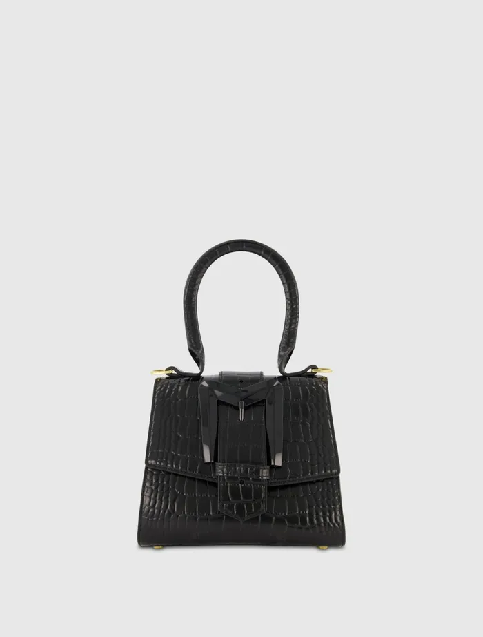Top Handle Bags Buckled Mini Croco Black Leather Handbag with Detachable Strap Black 8211 Mac Duggal Women