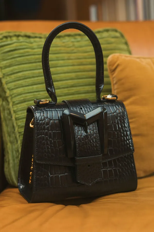 Top Handle Bags Buckled Mini Croco Black Leather Handbag with Detachable Strap Black 8211 Mac Duggal Women