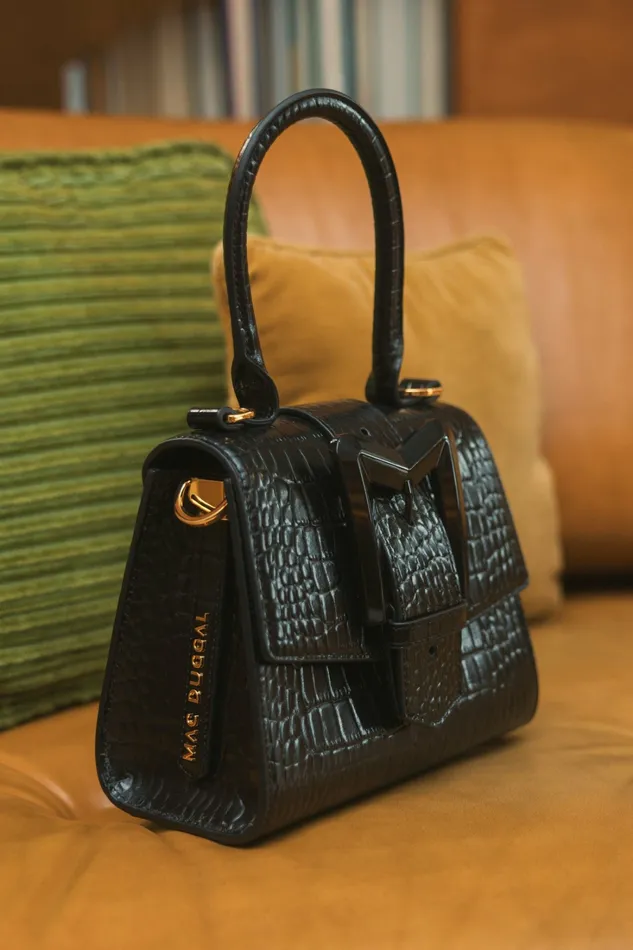 Top Handle Bags Buckled Mini Croco Black Leather Handbag with Detachable Strap Black 8211 Mac Duggal Women