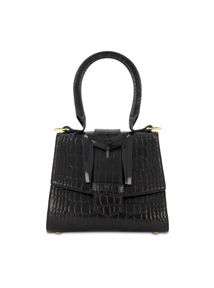 Top Handle Bags Buckled Mini Croco Black Leather Handbag with Detachable Strap Black 8211 Mac Duggal Women