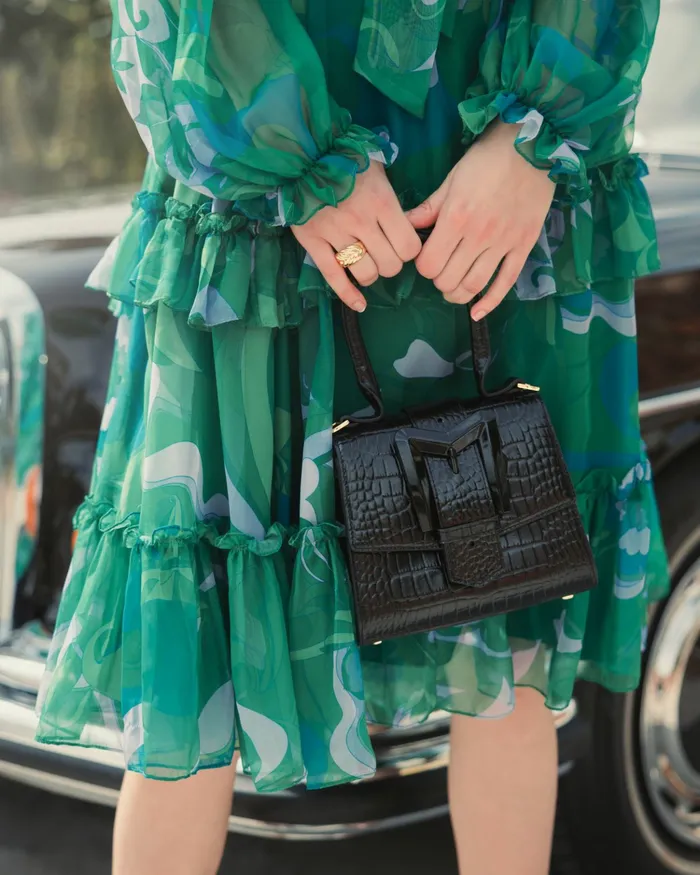 Top Handle Bags Buckled Mini Croco Black Leather Handbag with Detachable Strap Black 8211 Mac Duggal Women