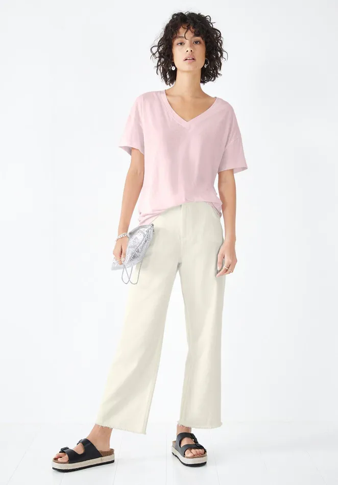 Tops and TShirts Women Hush Deep V Linen Blend Tee Soft Pink