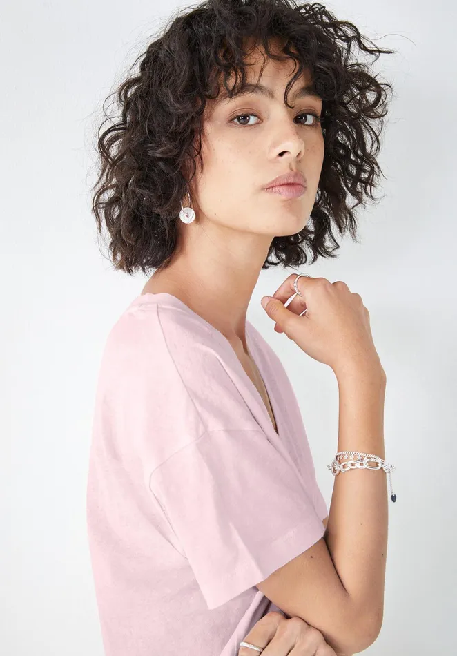 Tops and TShirts Women Hush Deep V Linen Blend Tee Soft Pink