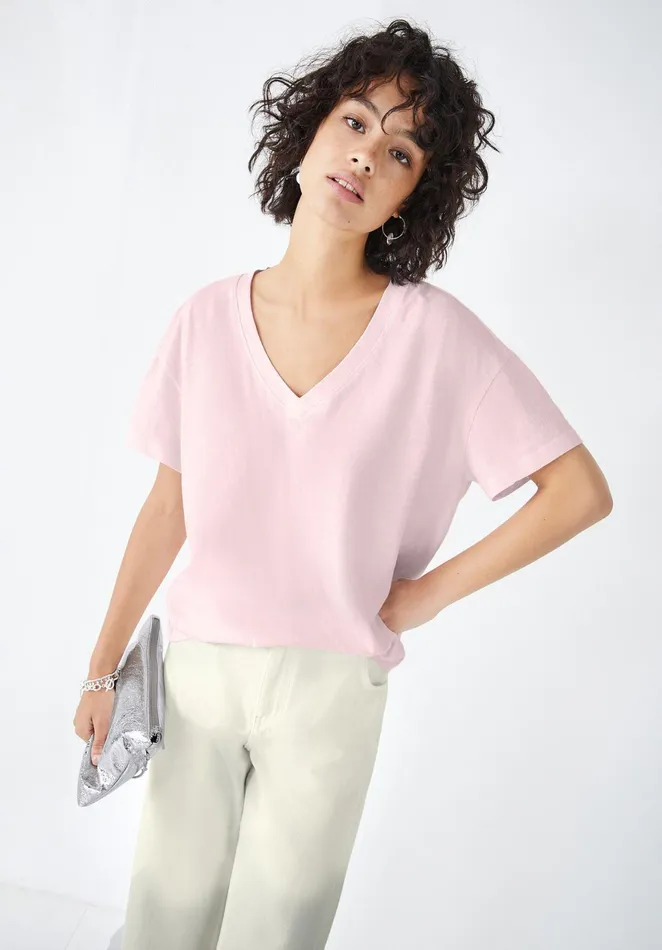 Tops and TShirts Women Hush Deep V Linen Blend Tee Soft Pink