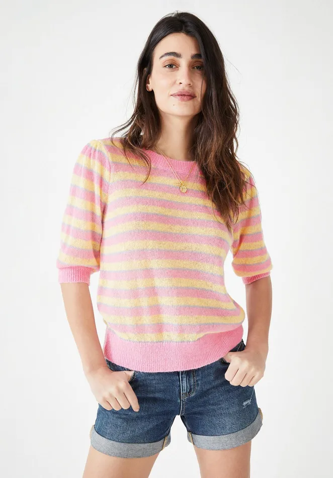 Tops and TShirts Women Hush Flori Striped Knitted TShirt Soft Pinkyellowblue