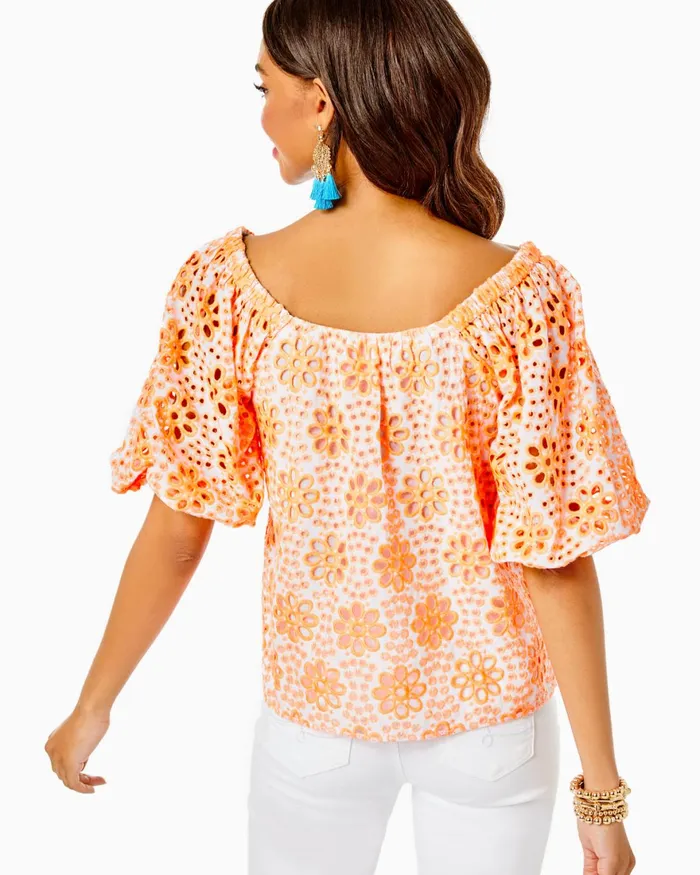 Tops Women Lilly Pulitzer Kerrigan Elbow Sleeve Eyelet Top Cantaloupe Funflower Eyelet