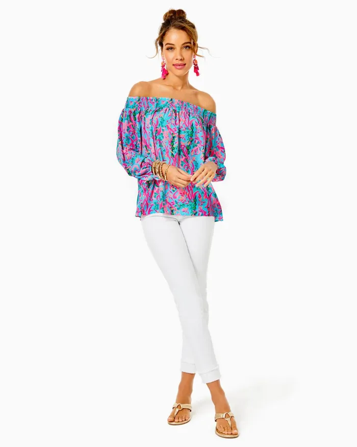 Tops Women Lilly Pulitzer Kerrigan Elbow Sleeve Eyelet Top Cantaloupe Funflower Eyelet Tops Women Lilly Pulitzer Kerrigan Elbow Sleeve Eyelet Top Cantaloupe Funflower Eyelet