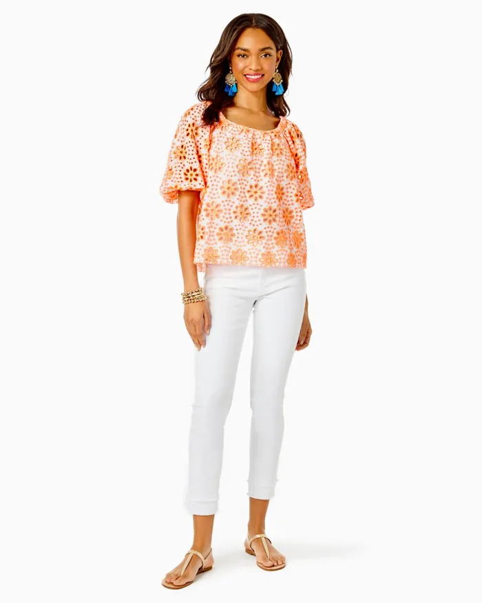 Tops Women Lilly Pulitzer Kerrigan Elbow Sleeve Eyelet Top Cantaloupe Funflower Eyelet Tops Women Lilly Pulitzer Kerrigan Elbow Sleeve Eyelet Top Cantaloupe Funflower Eyelet