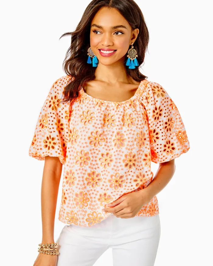 Tops Women Lilly Pulitzer Kerrigan Elbow Sleeve Eyelet Top Cantaloupe Funflower Eyelet Tops Women Lilly Pulitzer Kerrigan Elbow Sleeve Eyelet Top Cantaloupe Funflower Eyelet