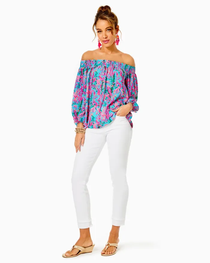 Tops Women Lilly Pulitzer Kerrigan Elbow Sleeve Eyelet Top Cantaloupe Funflower Eyelet Tops Women Lilly Pulitzer Kerrigan Elbow Sleeve Eyelet Top Cantaloupe Funflower Eyelet