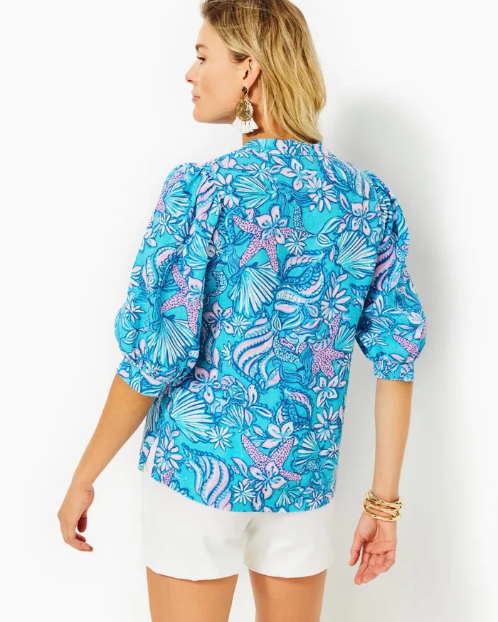 Tops Women Lilly Pulitzer Mialeigh Elbow Sleeve Linen Top Amalfi Blue Sound The Sirens