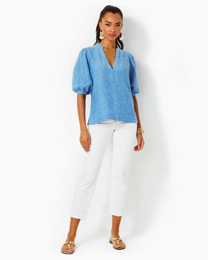 Tops Women Lilly Pulitzer Mialeigh Elbow Sleeve Linen Top Beckon Blue X Sea Salt Blue Tops Women Lilly Pulitzer Mialeigh Elbow Sleeve Linen Top Beckon Blue X Sea Salt Blue