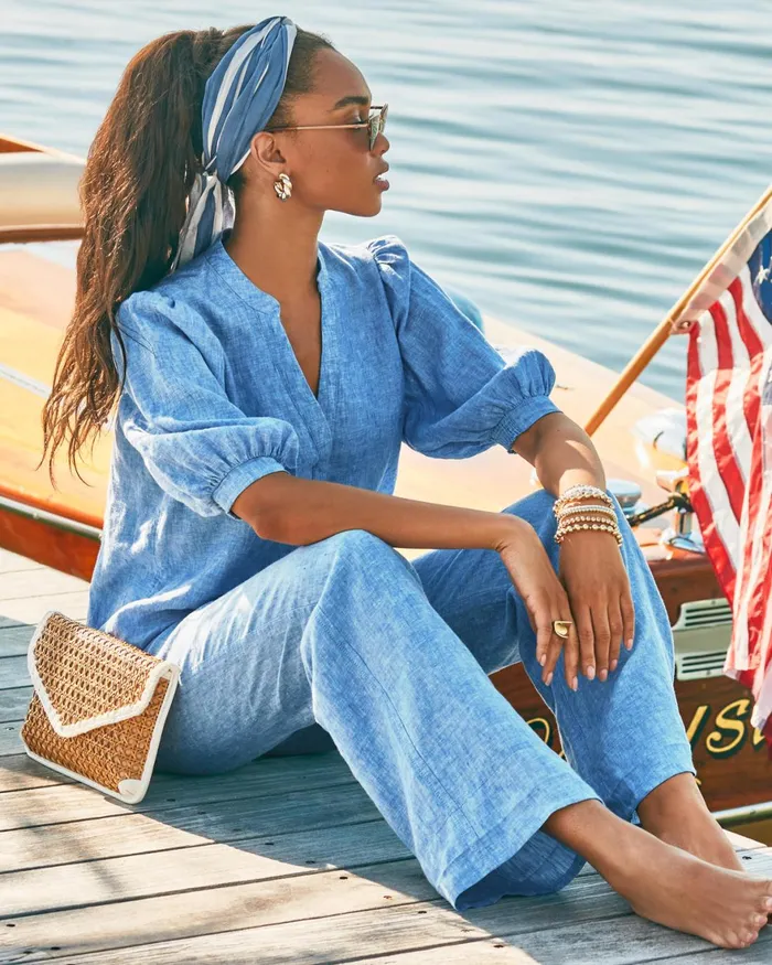 Tops Women Lilly Pulitzer Mialeigh Elbow Sleeve Linen Top Beckon Blue X Sea Salt Blue Tops Women Lilly Pulitzer Mialeigh Elbow Sleeve Linen Top Beckon Blue X Sea Salt Blue