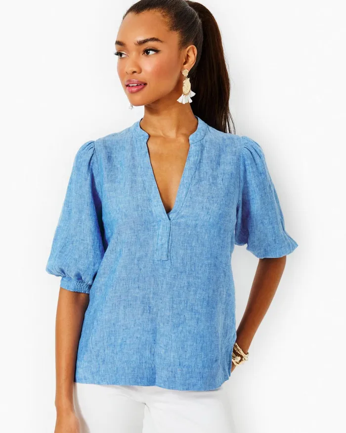 Tops Women Lilly Pulitzer Mialeigh Elbow Sleeve Linen Top Beckon Blue X Sea Salt Blue Tops Women Lilly Pulitzer Mialeigh Elbow Sleeve Linen Top Beckon Blue X Sea Salt Blue