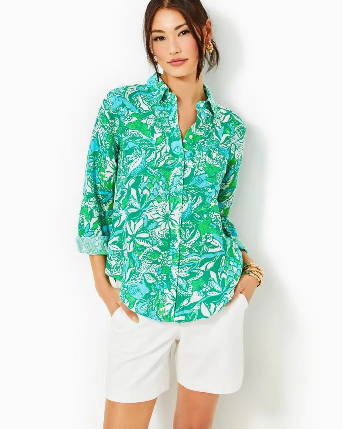 Tops Women Lilly Pulitzer Sea View Linen Button Down Top Botanical Green Safari Sangria Tops Women Lilly Pulitzer Sea View Linen Button Down Top Botanical Green Safari Sangria