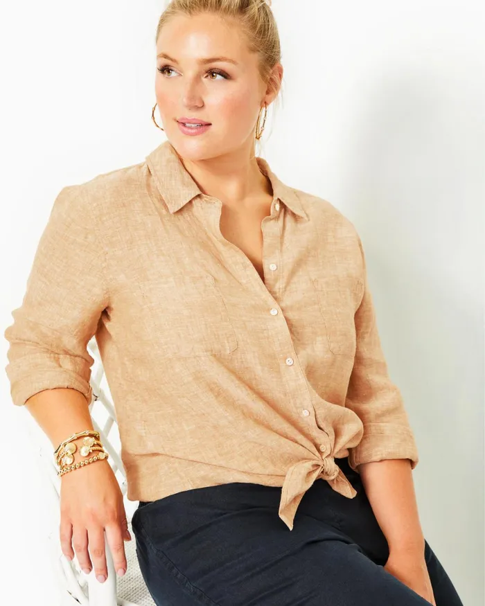 Tops Women Lilly Pulitzer Sea View Linen Button Down Top Rattan X Resort White Tops Women Lilly Pulitzer Sea View Linen Button Down Top Rattan X Resort White