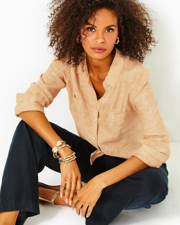 Tops Women Lilly Pulitzer Sea View Linen Button Down Top Rattan X Resort White Tops Women Lilly Pulitzer Sea View Linen Button Down Top Rattan X Resort White
