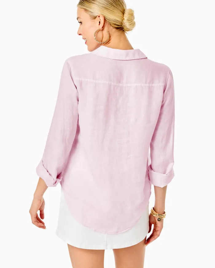 Tops Women Lilly Pulitzer Sea View Linen Button Down Top Urchin Pink X Resort White