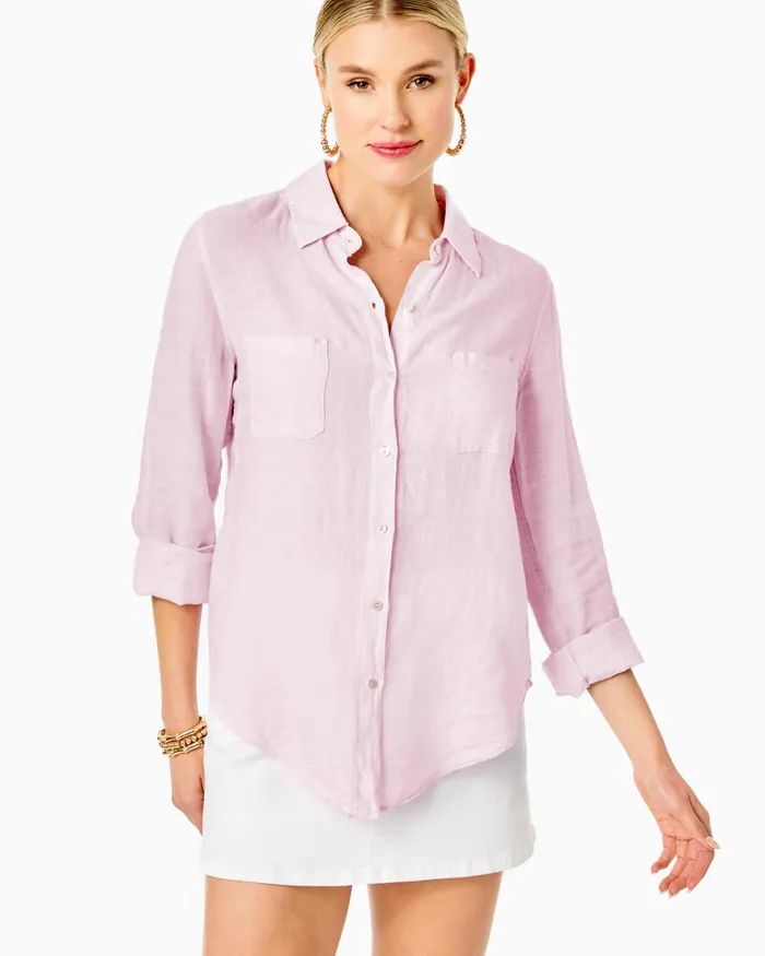 Tops Women Lilly Pulitzer Sea View Linen Button Down Top Urchin Pink X Resort White
