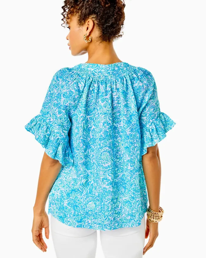 Tops Women Lilly Pulitzer Tayla Short Sleeve Linen Top Resort White Took Me By Sunrise
