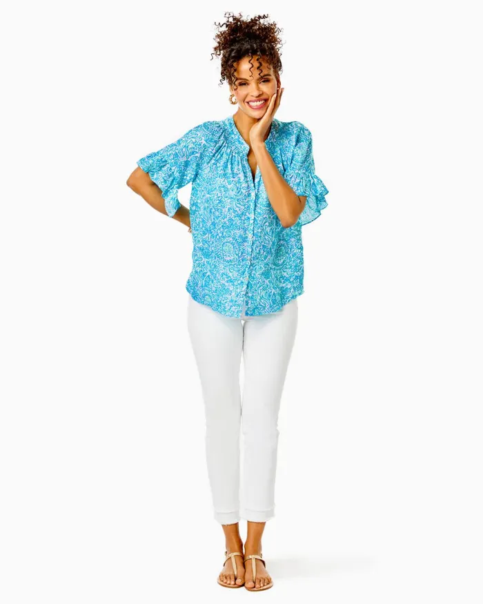 Tops Women Lilly Pulitzer Tayla Short Sleeve Linen Top Resort White Took Me By Sunrise Tops Women Lilly Pulitzer Tayla Short Sleeve Linen Top Resort White Took Me By Sunrise