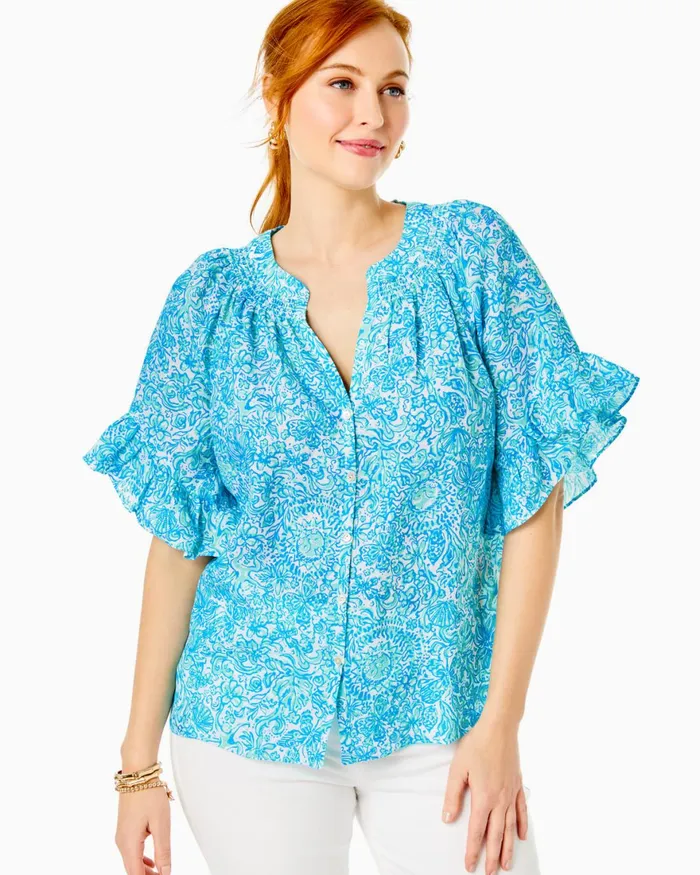 Tops Women Lilly Pulitzer Tayla Short Sleeve Linen Top Resort White Took Me By Sunrise Tops Women Lilly Pulitzer Tayla Short Sleeve Linen Top Resort White Took Me By Sunrise