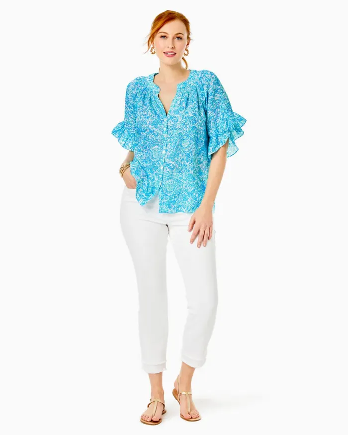Tops Women Lilly Pulitzer Tayla Short Sleeve Linen Top Resort White Took Me By Sunrise Tops Women Lilly Pulitzer Tayla Short Sleeve Linen Top Resort White Took Me By Sunrise