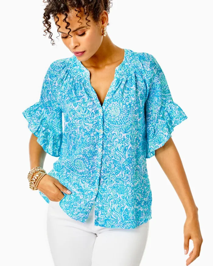 Tops Women Lilly Pulitzer Tayla Short Sleeve Linen Top Resort White Took Me By Sunrise Tops Women Lilly Pulitzer Tayla Short Sleeve Linen Top Resort White Took Me By Sunrise