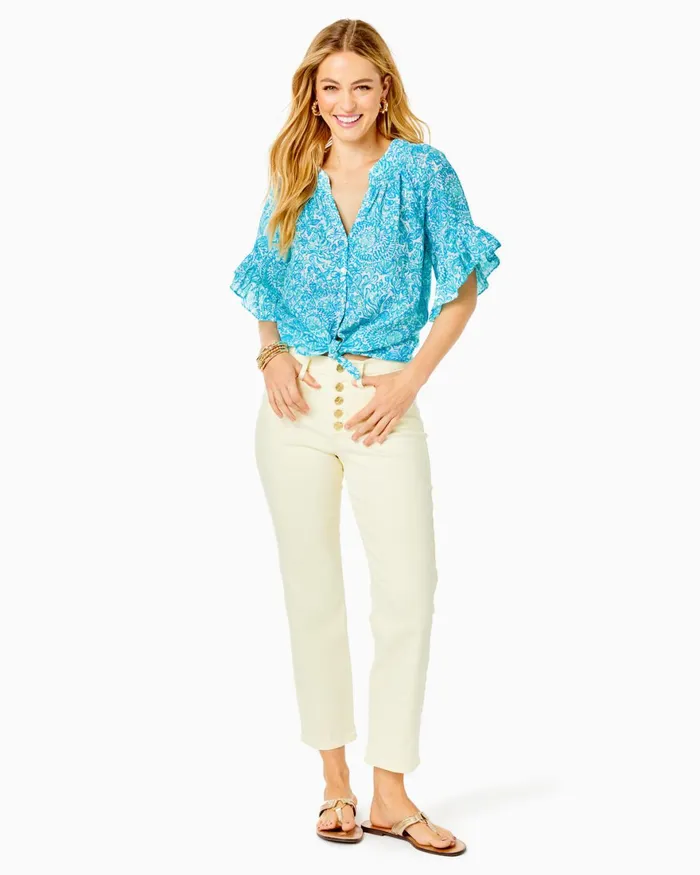 Tops Women Lilly Pulitzer Tayla Short Sleeve Linen Top Resort White Took Me By Sunrise Tops Women Lilly Pulitzer Tayla Short Sleeve Linen Top Resort White Took Me By Sunrise