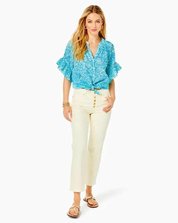 Tops Women Lilly Pulitzer Tayla Short Sleeve Linen Top Resort White Took Me By Sunrise Tops Women Lilly Pulitzer Tayla Short Sleeve Linen Top Resort White Took Me By Sunrise