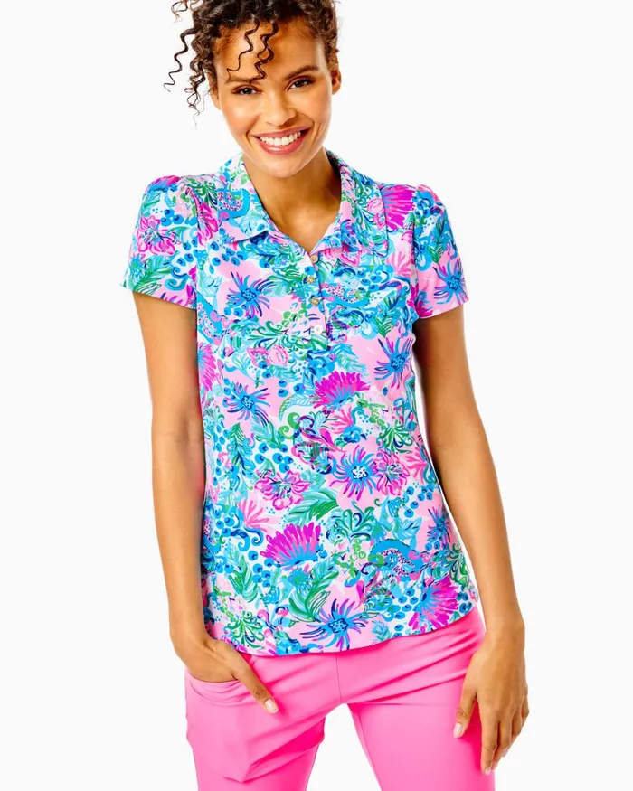 Tops Women Lilly Pulitzer UPF 50 Luxletic Frida Puff Sleeve Polo Mandevilla Baby Paradise Petals Tops Women Lilly Pulitzer UPF 50 Luxletic Frida Puff Sleeve Polo Mandevilla Baby Paradise Petals
