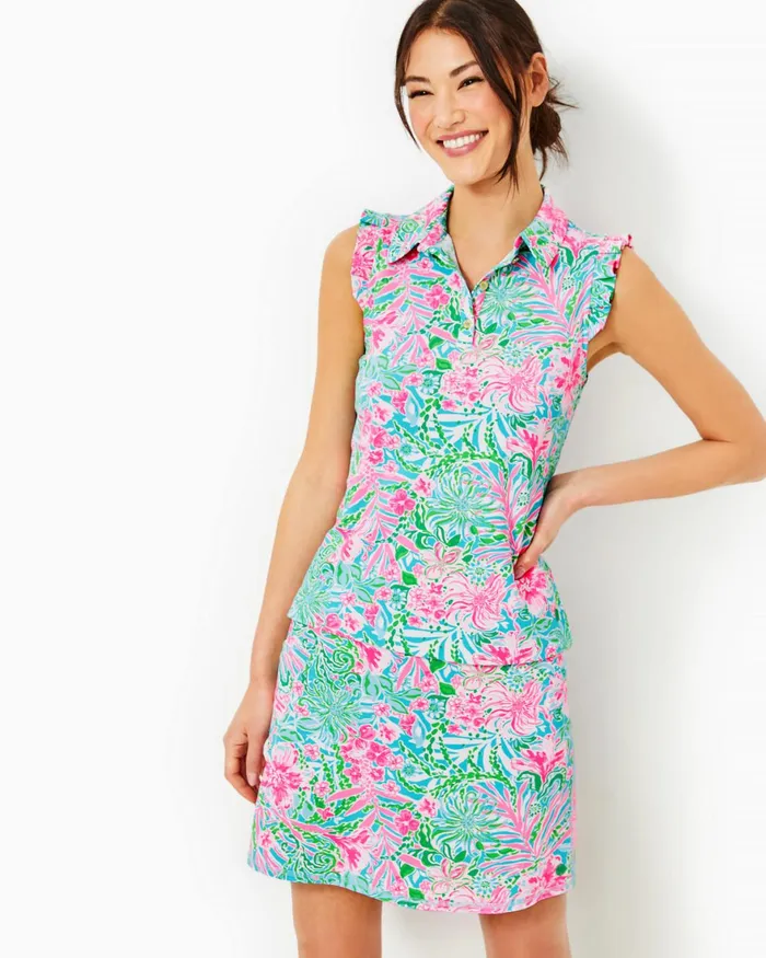 Tops Women Lilly Pulitzer UPF 50 Luxletic Frida Sleeveless Ruffle Polo Top Amalfi Blue Leaf It Wild Tops Women Lilly Pulitzer UPF 50 Luxletic Frida Sleeveless Ruffle Polo Top Amalfi Blue Leaf It Wild