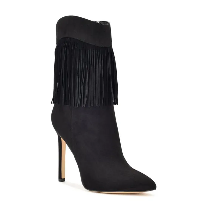 Tries Heeled Fringe Booties Black Suede Women Nine West Boots and Booties