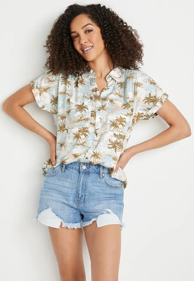 Tropical Short Sleeve Utility Button Down Shirt Women Maurices Tops