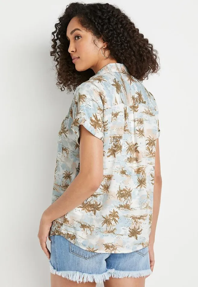Tropical Short Sleeve Utility Button Down Shirt Women Maurices Tops