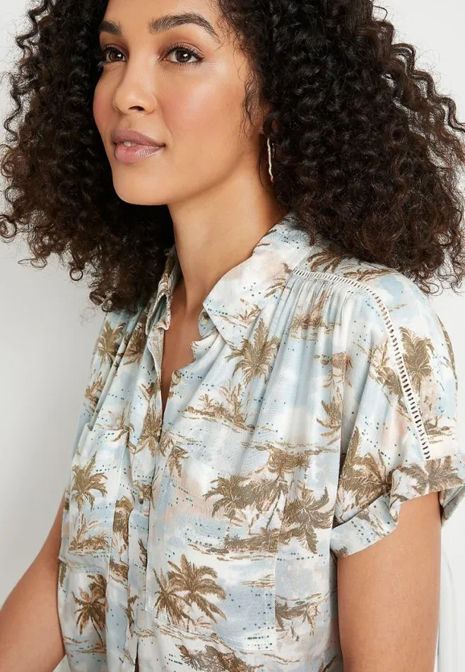 Tropical Short Sleeve Utility Button Down Shirt Women Maurices Tops