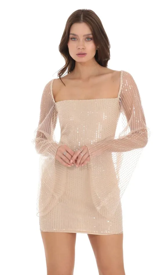 Tulle Sequin Flare Sleeve Dress Champagne Women LUCY IN THE SKY Mini Dresses