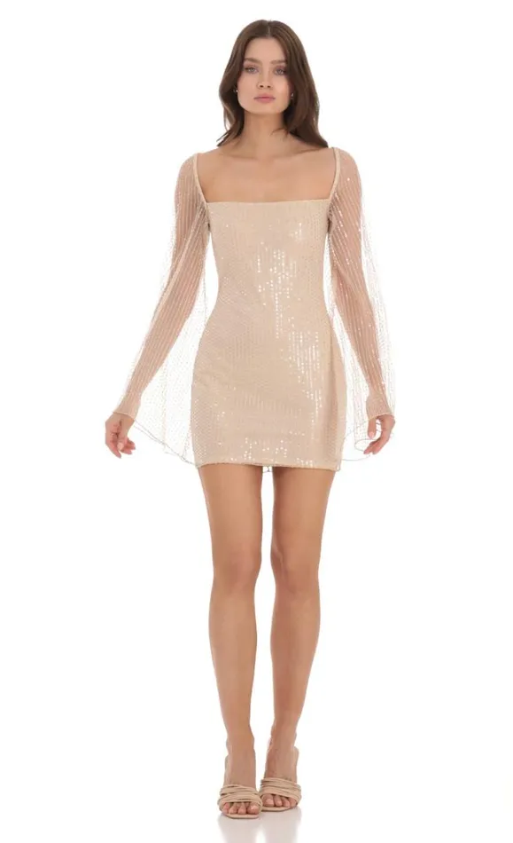 Tulle Sequin Flare Sleeve Dress Champagne Women LUCY IN THE SKY Mini Dresses Tulle Sequin Flare Sleeve Dress Champagne Women LUCY IN THE SKY Mini Dresses