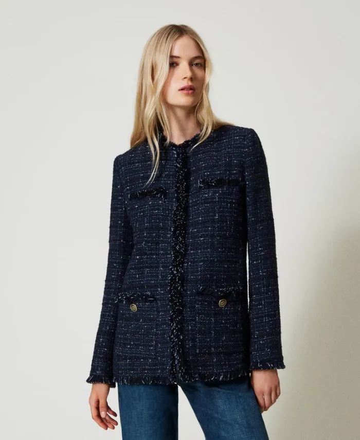 Twinset Blazers Boucl Jacket With Logoed Buttons Blue Denim Black Bouclegrave 8211 Clothing