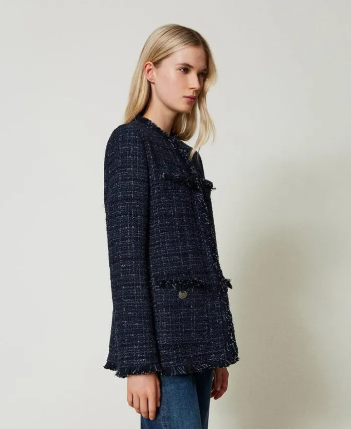 Twinset Blazers Boucl Jacket With Logoed Buttons Blue Denim Black Bouclegrave 8211 Clothing