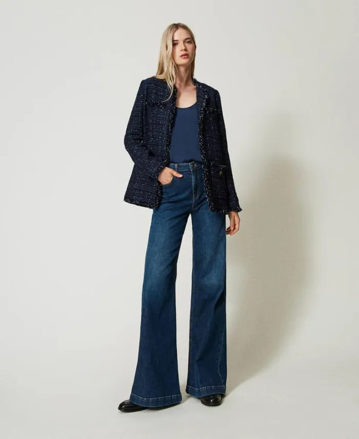 Twinset Blazers Boucl Jacket With Logoed Buttons Blue Denim Black Bouclegrave 8211 Clothing