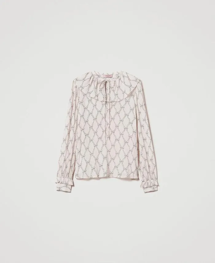 Twinset Blouses And Shirts Creponne Blouse With Bow Print White Cream Black Bow Print 8211 Clothing