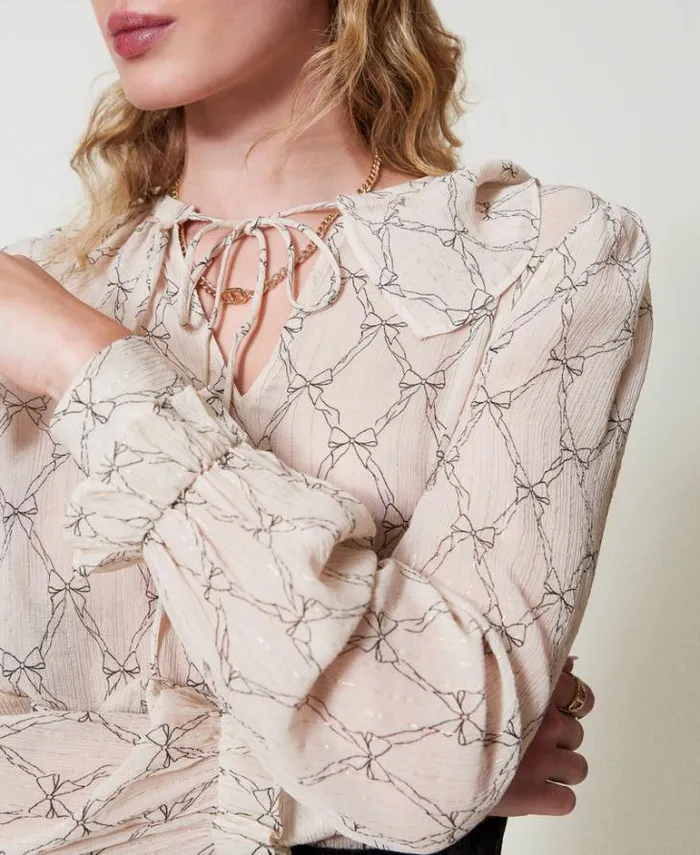 Twinset Blouses And Shirts Creponne Blouse With Bow Print White Cream Black Bow Print 8211 Clothing