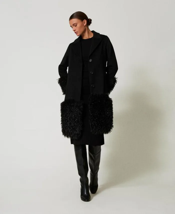 Twinset Coats And Trench Coats Wool Blend Cloth Coat With Faux Fur Black 8211 Clothing